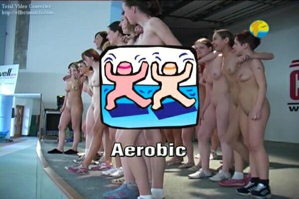 Nudists families are engaged in video aerobics Nudists families are engaged in video aerobics